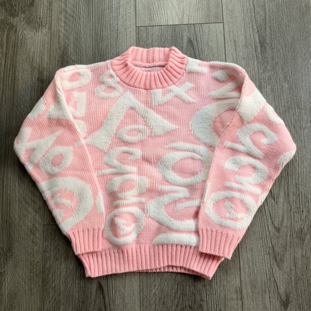 Vintage 90s Benetton Kids Large Pink Hand Knit Mock Sweater Letter Pattern